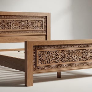 Handsnidad sängram i massivt trä, rustik blommig huvudgavel, hantverksmässiga sovrumsmöbler