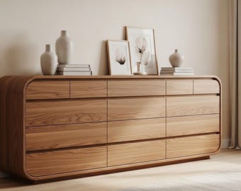 Cómoda moderna de roble, armario de almacenamiento escandinavo sin tiradores, cómoda de mediados de siglo.