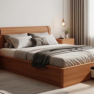 May include: A wooden bed with a headboard, bedside tables, and a drawer. The bed is made from light-coloured wood and has a mattress with pillows and a blanket. The bedside tables have drawers and shelves. A rug is on the floor.