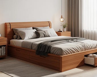 Massivholz Bettrahmen mit Lagerung, modernes skandinavisches Plattformbett, minimalistisches Kopfteil aus Holz