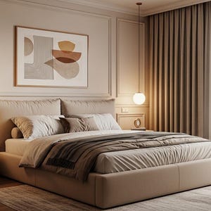 Klädd plattformssäng, beige modern skandinavisk ram, stoppad huvudgavel