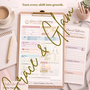 May include: A clipboard with a nursing report sheet, a notepad, and a pen. The report sheet has sections for patient information, vitals, and assessments. Text on the sheet includes "Nursing Report Sheet" and "Turn every shift into growth."