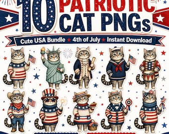 Patriotisk katt PNG-paket, Clipart-designer för fjärde juli-kattungen