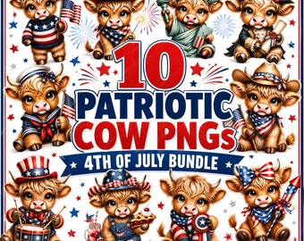 Patriotiskt höglandskon PNG-paket, fjärde juli-ko Clipart
