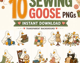 Sewing Goose PNG-paket, quiltning och stickning Clipart för hantverkare