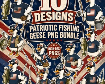 Patriotisk fiskegås PNG-paket, rolig sportfiskare Clipart för pappaskjortor