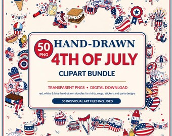 Handritad 4 juli Clipart-paket, patriotiska klotter (digital nedladdning)