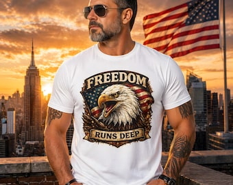 Freedom Runs Deep-skjorta, Vithövdad havsörn amerikansk flagga patriotisk t-shirt för män