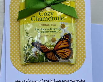 Handgemaakte theekaart met citroentheezakje, zonnebloemaccent, blanco binnenkant