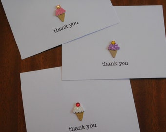 Thank You Cards , Set of 10 or 5 Thank You Notes, Handmade Greeting cards, ice cream notes, ice cream note card, ice cream cone notesent