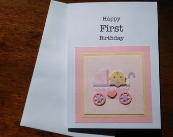 Handmade 1st Birthday Card: Baby Carriage Embellishment
