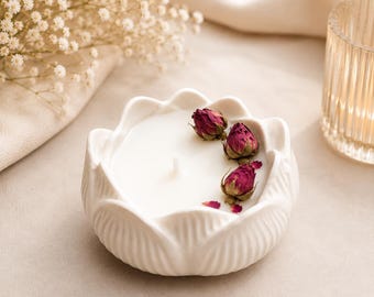 Lotus Flower Candle with Dried Roses | Handmade Jesmonite Soy Wax Home Decor