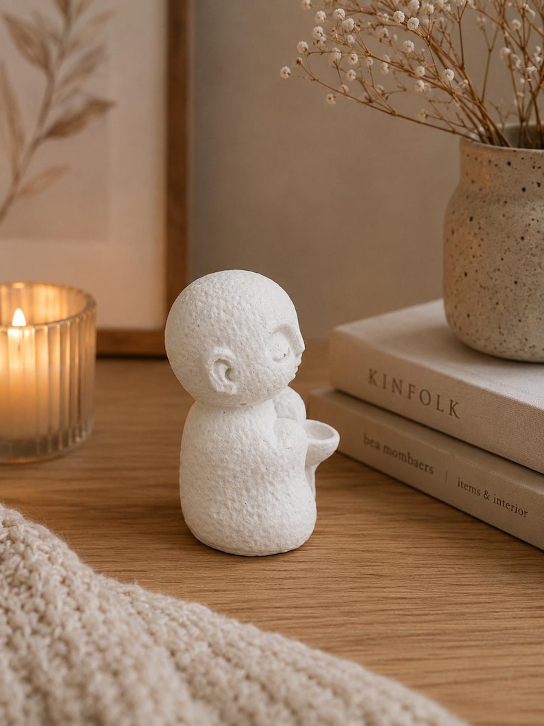 May include: A small, white, textured figurine of a seated figure with closed eyes, holding a small bowl in its hands. The sculpture has a matte, porous surface and a rounded, stylized head, positioned upright on a flat surface.