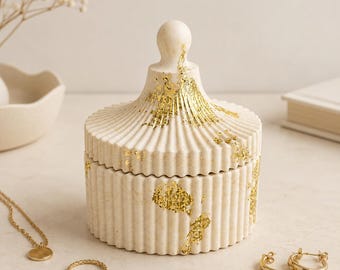 Handmade Beige Marble Jewellery Box with Gold Leaf Accents, Ring Storage, Vanity Decor
