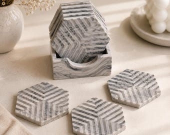 Hexagon Coaster Set with Holder – Handmade Jesmonite Marble Coasters – Modern Geometric Home Decor