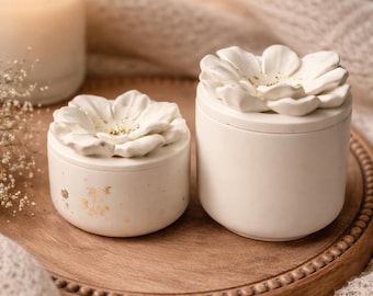 Floral Trinket Box with Lid| Minimalist White & Gold Decor