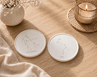 Personalised Zodiac Coasters, Handmade Jesmonite Star Sign Set, Minimalist Astrology Decor