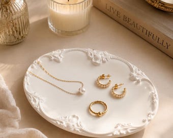 Oval Jesmonite Trinket Dish, Vintage Jewelry Tray, Elegant Vanity Decor, Ring Holder