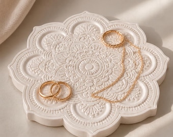 Mandala Jesmonite Jewellery Dish, 12cm White Trinket Tray