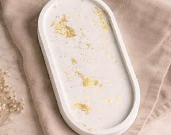 Handmade Oval Tray| White Gold Leaf Trinket Dish| Minimalist Vanity Decor
