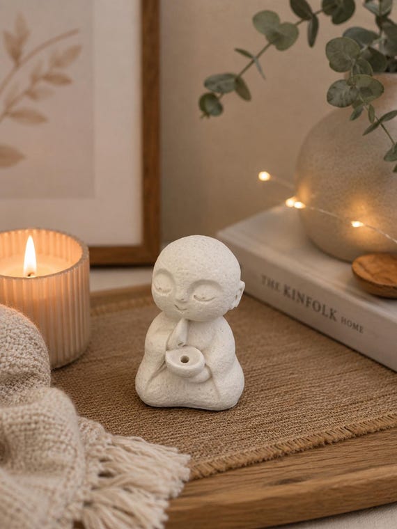White Zen Monk Incense Holder, Handmade Meditation Decor, Incense Burner, Mindfulness Gift