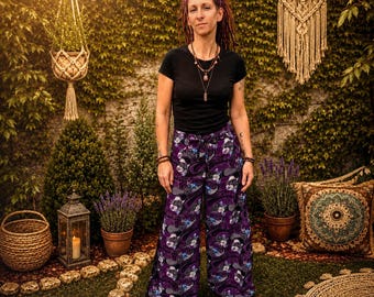 Boho Wrap Pants – Purple Black Floral Trousers, Flowy Adjustable Festival Pants, One Size, Dark Boho Clothing - ready to ship