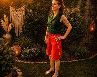 Boho Wrap Shorts – Red Orange Festival Pants, Adjustable Tie Waist, One Size, Statement Boho Outfit, Handmade - ready to ship