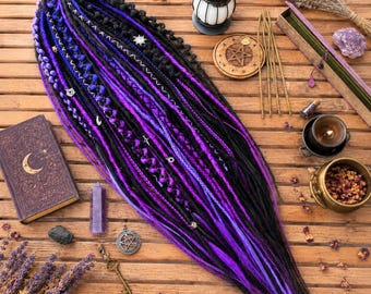 Black Purple Dread Extensions – Witchy Dreads Set – Kanekalon Full Head – 46 DE – Boho Festival Hair – Ready to Ship