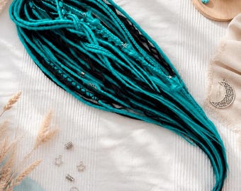Celestial Boho Dread Extensions • Turquoise Black DE Dreads • Festival Underlayer Dreads • Alternative Boho Hair • Handmade Dread Set