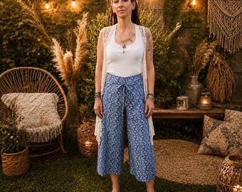 Boho Wrap Pants – Blue Floral 7/8 Length Trousers, Adjustable Summer Pants, One Size, Flowy Boho Clothing - ready to ship