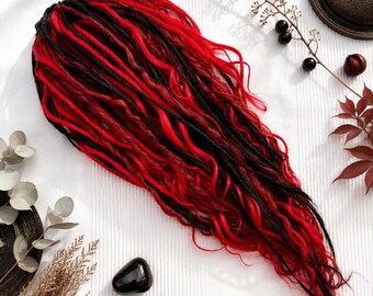 Dark Boho Witch Dread Extensions • Black Red Kanekalon DE Dreads • Alternative Boho Dread Set • Handmade Pseudodreads 46pcs - ready to ship