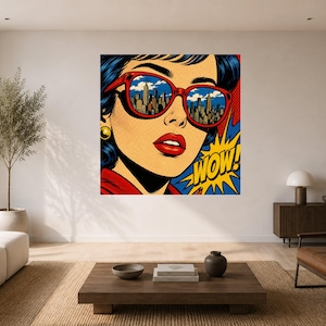 May include: A pop art style wall print featuring a close-up of a person with dark blue hair wearing red-framed sunglasses. The lenses reflect a city skyline with skyscrapers. The word WOW is printed in a yellow speech bubble on a blue background.