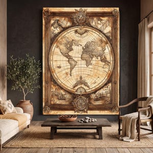 Op de afbeelding: Een groot rechthoekig wandkunstwerk met een cirkelvormige wereldkaart in vintage-stijl in bruin- en beigetinten. De kaart is gevat in een sierlijke houten lijst met kompasroosmotieven aan de boven- en onderkant en gedetailleerde hoeksnijwerken.