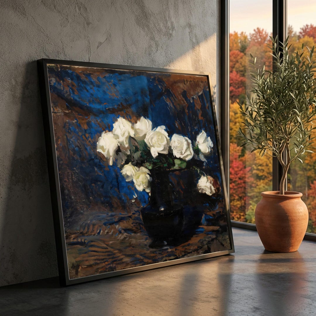 Elegant White Roses Bouquet in Black Vase Canvas, Floral Still Life ...