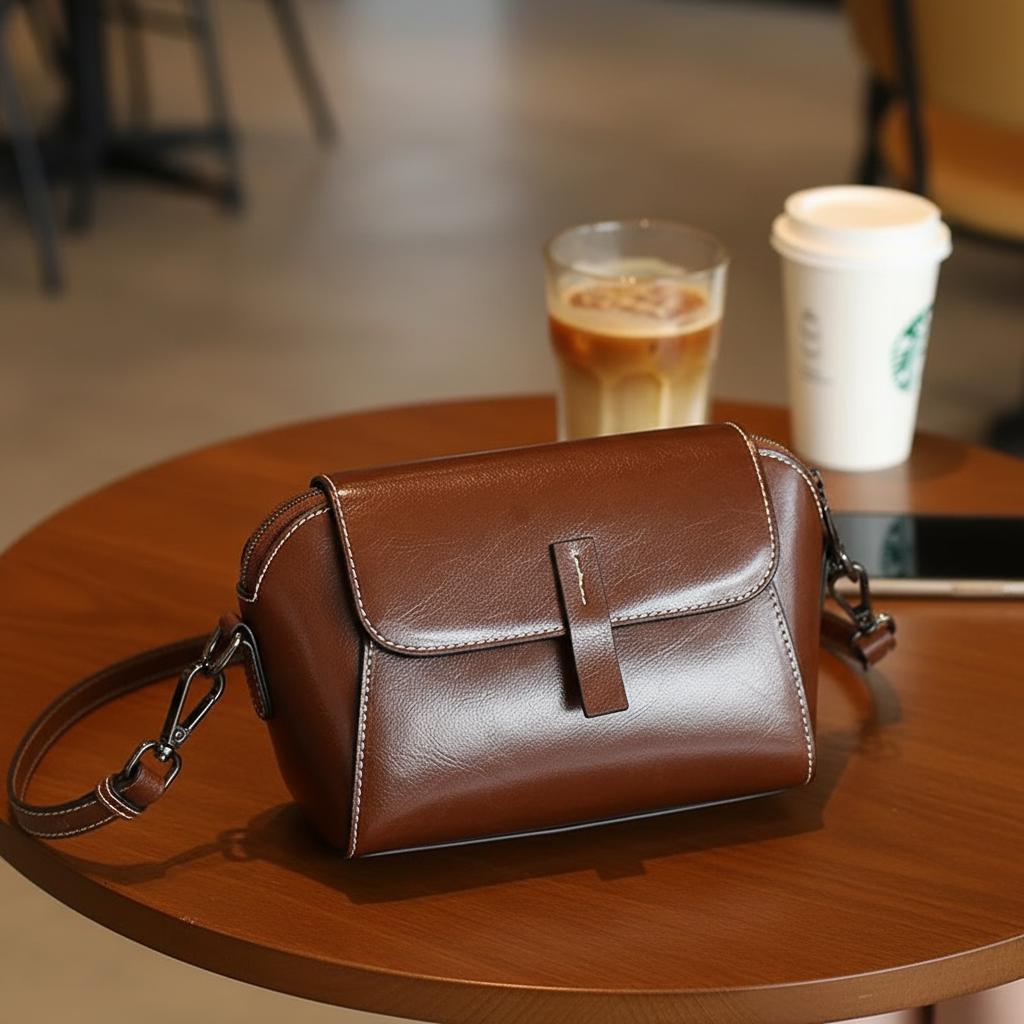 Oil Wax Cowhide Leather Cross body Bag, Small Shell Shoulder Bag,Minimalist Everyday Handbag