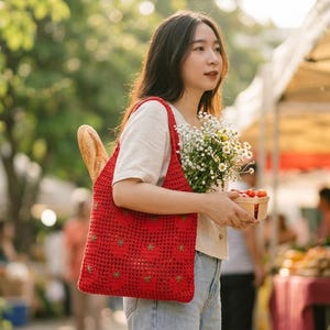 Op de afbeelding: Een vrouw met een rode draagtas met een baguette, bloemen en een klein mandje tomaten. De tas heeft een patroon. Ze draagt een wit shirt en jeans, op een markt.