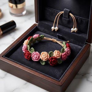 Könnte beinhalten: Ein handgefertigtes Armband mit gehäkelten Rosen in Rot-, Rosa- und Pfirsichtönen mit grünen Blättern. Das Armband wird in einer dunklen Holzschmuckschatulle mit weichem, dunkelgrauem Innenraum präsentiert. Das Armband hat einen Umfang von ca. 18 cm.