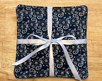 Set of 4 Blue and White Paisley Bandana Fabric Coasters - about 5.25 inches x 5.25 inches - Light Denim Fabric on Back
