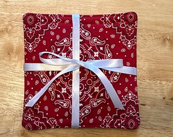 Set of 4 Red and White Bandana Fabric Coasters - about 5.25 inches x 5.25 inches