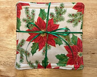 Set of 4 Poinsettias on Cream Background Fabric Coasters - about 5.25 inches x 5.25 inches - Green, Red, Cream Plaid on Back