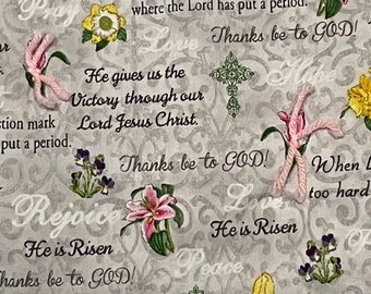 Hand Tied Quilt Flowers and Christian Sayings Easter Print - Lap Quilt/Throw/Wall Hanging 58 3/4 inches by 38 inches