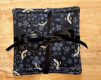 Set of 4 Honeybees on Black Patterned Background Fabric Coasters - about 5.25 inches x 5.25 inches -Yellow and Gold Patterned Fabric on Back