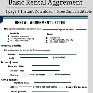 May include: A rental agreement letter template titled "Basic Rental Aggrement". The document includes sections for landlords, tenants, property details, lease terms, and rent payment information. The document is a free Canva editable, instant download, and is one page.