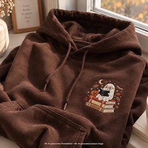 Op de afbeelding: Een donkerbruine hoodie met een borduursel op de borst. Het ontwerp toont een wit spookje met een ronde bril dat een boek leest terwijl het op een stapel van drie boeken zit, omringd door een pompoen, sterren en bladeren.