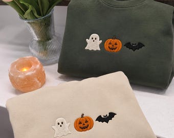 Halloween Sweatshirt Bestickt, Halloween Pullover Damen, Geist Kürbis Fledermaus Stickerei,Spooky Season Sweatshirt,Herbst Pullover Geschenk