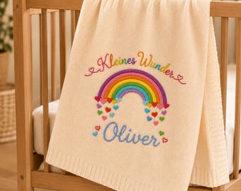 Personalisierte Babydecke mit Namen, Bestickte Regenbogen Kuscheldecke, Kleines Wunder Baby Geschenk, Taufdecke, Geburtsgeschenk