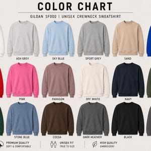 Pode incluir: Uma tabela de cores para moletons unissex de gola careca Gildan SF000, exibindo dezoito op&ccedil;&otilde;es de cores s&oacute;lidas, incluindo branco, cinza cinza, azul c&eacute;u, cinza esportivo, areia, azul royal, vermelho, rosa, paragon, branco off-white, marinho, verde militar, verde floresta, azul pedra, cacau, mescla escuro, preto e carv&atilde;o.