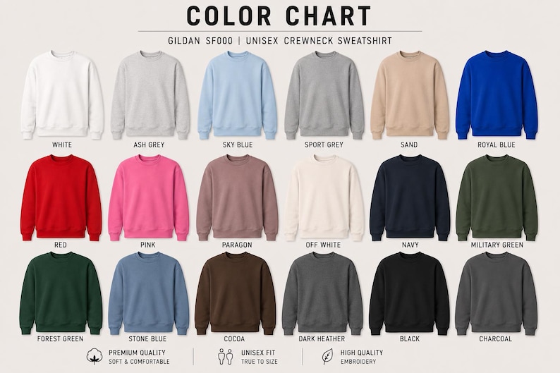 Pode incluir: Uma tabela de cores para moletons unissex de gola careca Gildan SF000, exibindo dezoito op&ccedil;&otilde;es de cores s&oacute;lidas, incluindo branco, cinza cinza, azul c&eacute;u, cinza esportivo, areia, azul royal, vermelho, rosa, paragon, branco off-white, marinho, verde militar, verde floresta, azul pedra, cacau, mescla escuro, preto e carv&atilde;o.