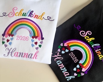Personalisierter Schulkind Hoodie mit Regenbogen , Bestickter Kinder Hoodie mit Name , Einschulung Hoodie , Geschenk zum Schulanfang