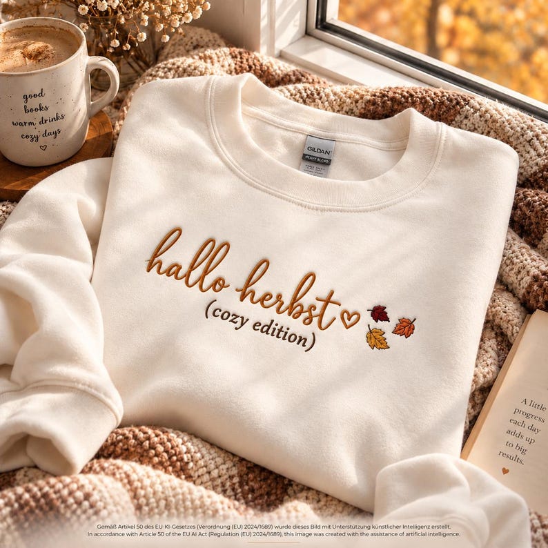 May include: A cream-coloured crewneck sweatshirt featuring the embroidered brown text "hallo herbst (cozy edition)" with a small heart and three colourful autumn leaf icons in shades of orange, red, and yellow on the front chest.